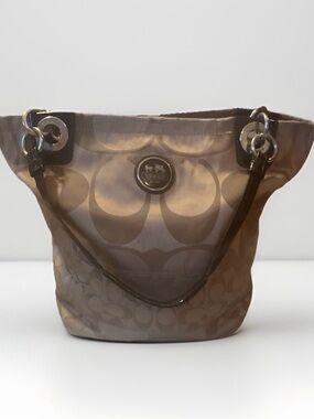 *Auction* Coach Alex Signature Sateen Patent Leather Tote Shoulder Bag Brown